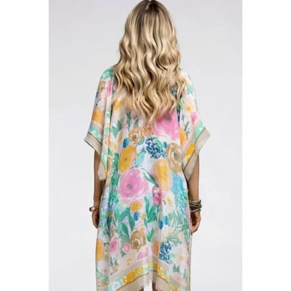 Beige Floral Print Contrast Border Spring Summer Kimono Open Wrap Coverup Top - Picture 4 of 5